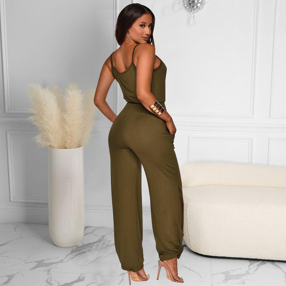 Mitation Cotton Solid Color Sling High Waist Jumpsuit