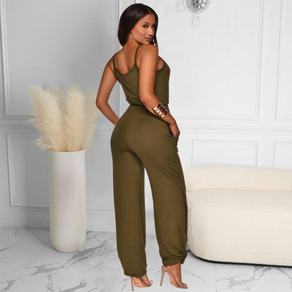 Mitation Cotton Solid Color Sling High Waist Jumpsuit
