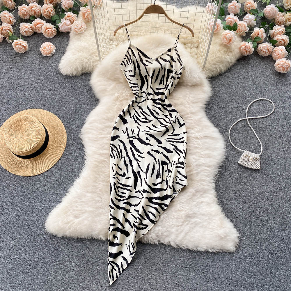 Waist A-Line Irregular Zebra Print Slip Dress