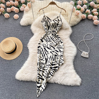 Waist A-Line Irregular Zebra Print Slip Dress