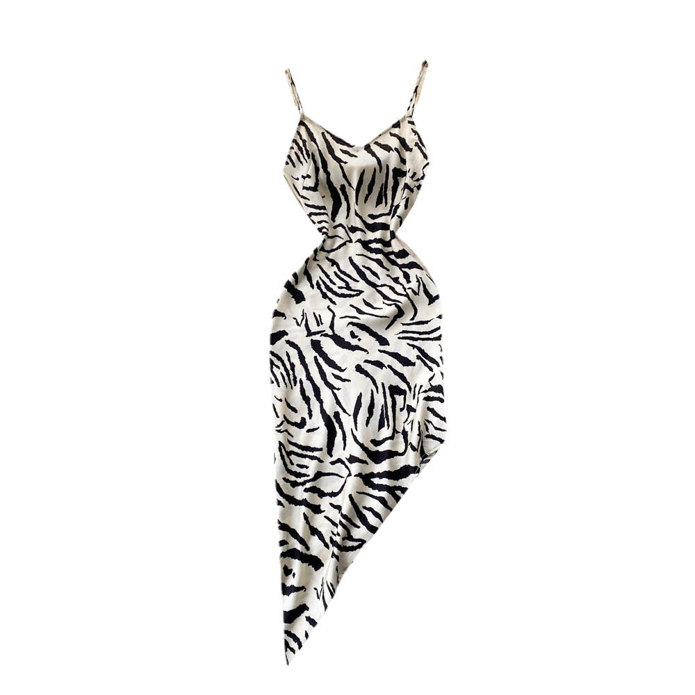 Waist A-Line Irregular Zebra Print Slip Dress