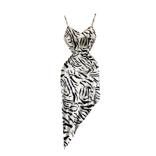 Waist A-Line Irregular Zebra Print Slip Dress