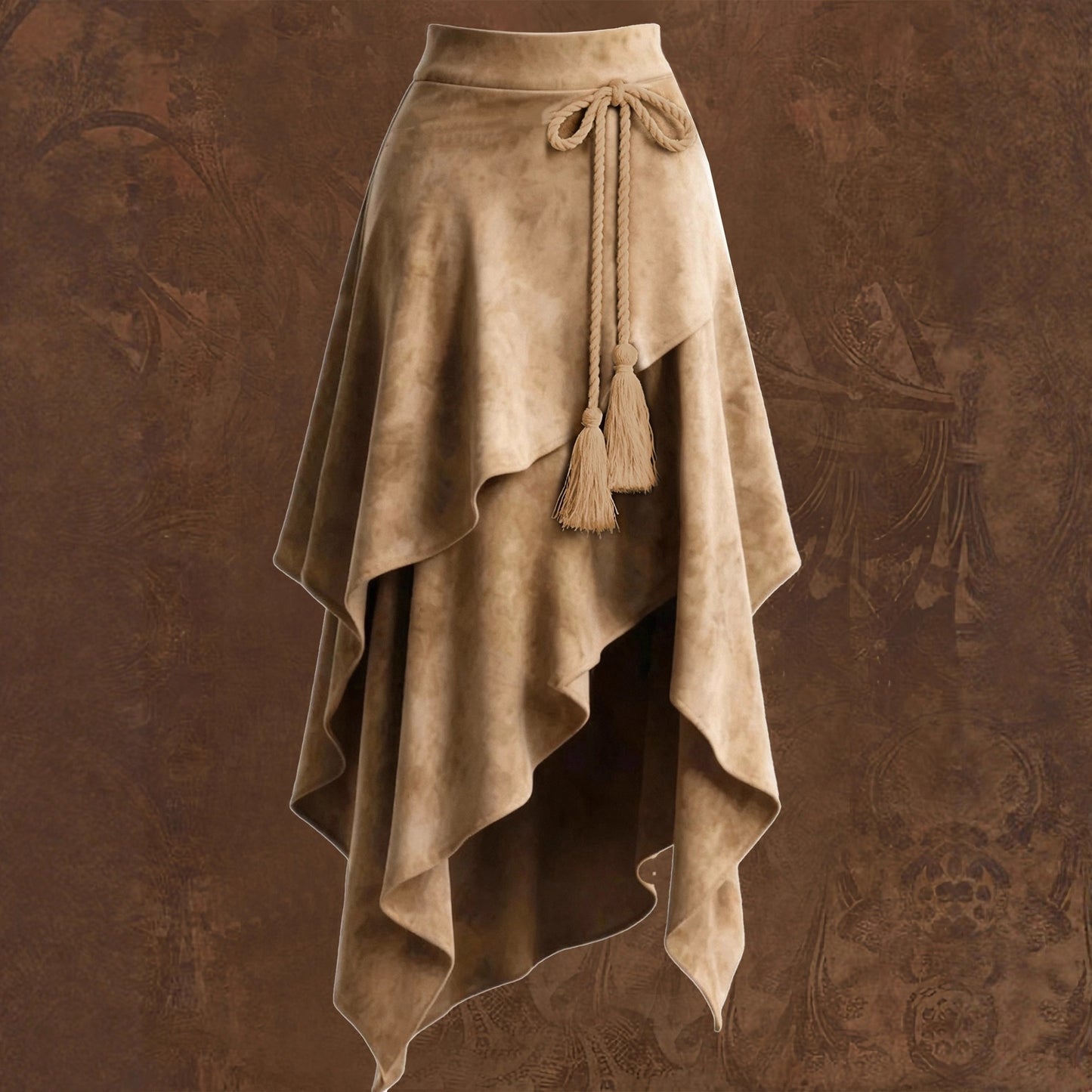 Irregularly Tied Cord Tassel Suede Skirt