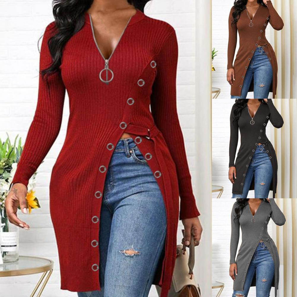 V-Neck High Split Zipper Dress