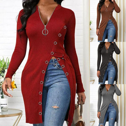 V-Neck High Split Zipper Dress