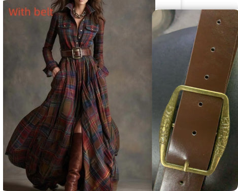 Ins Plaid Print Long-Sleeved Dress Fashion Pockets