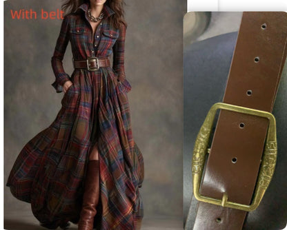 Ins Plaid Print Long-Sleeved Dress Fashion Pockets