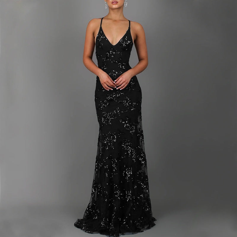 Dress V-neck Brace Backless Sequined Long Night Dresses