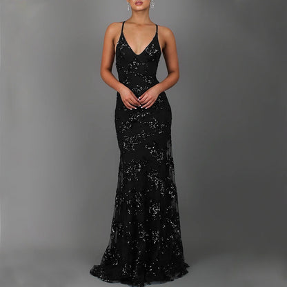 Dress V-neck Brace Backless Sequined Long Night Dresses