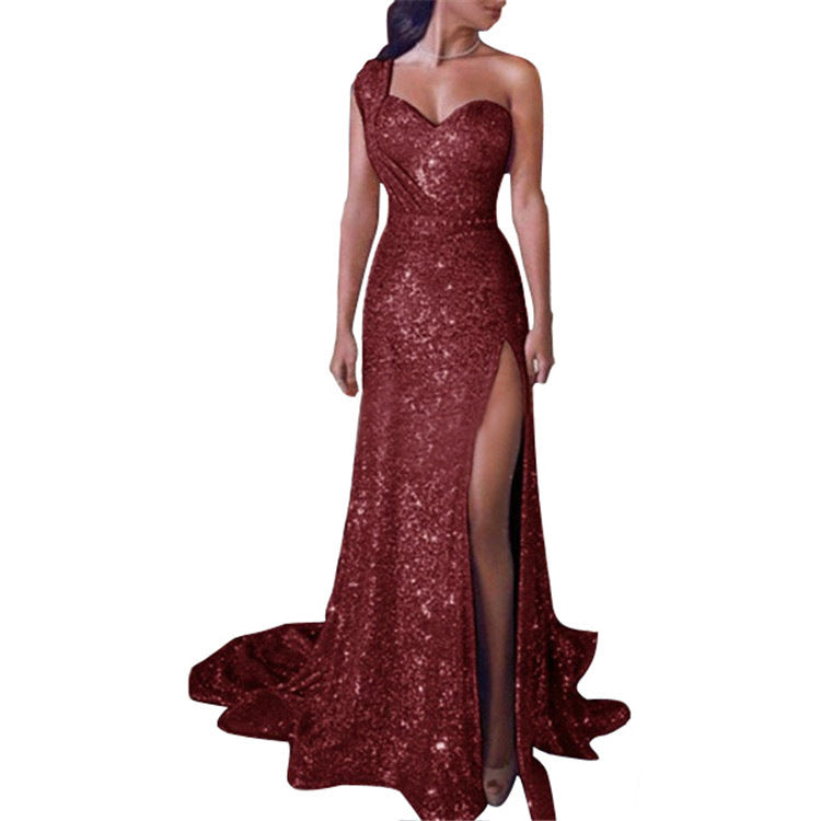 One-Shoulder Sleeveless Bronzing Dress Slit Long Skirt