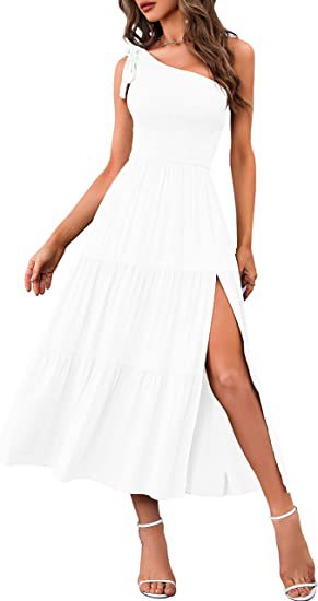 One-Shoulder Pleated Layered Hem Split Dress