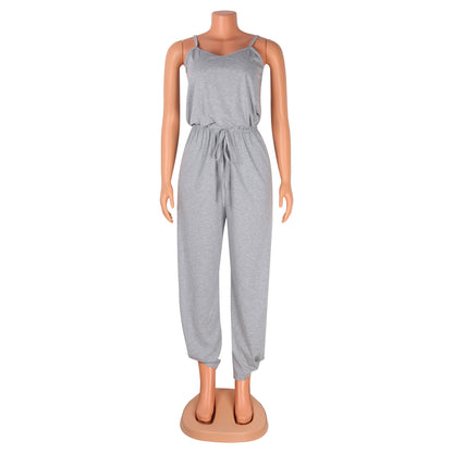 Mitation Cotton Solid Color Sling High Waist Jumpsuit