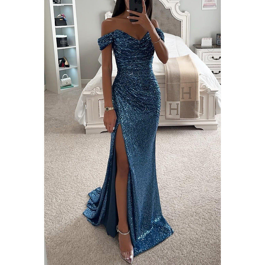 Sequin Off Shoulder Split Dress