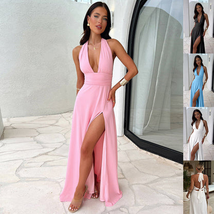 Halterneck V-neck Slit Dress Summer Backless Strappy