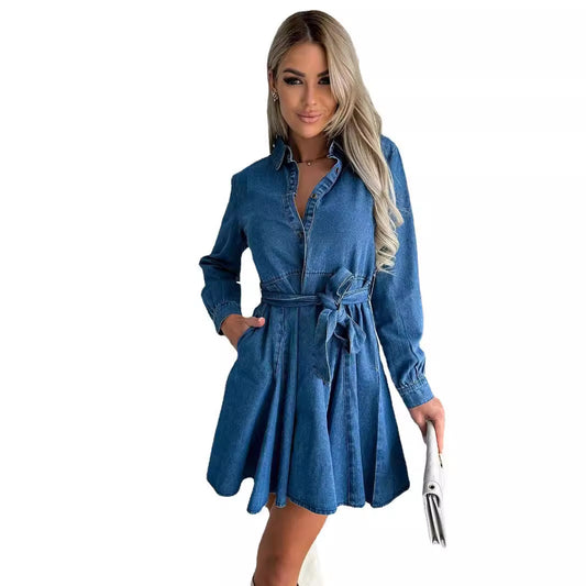 Waist Cinching Denim Skirt Dress