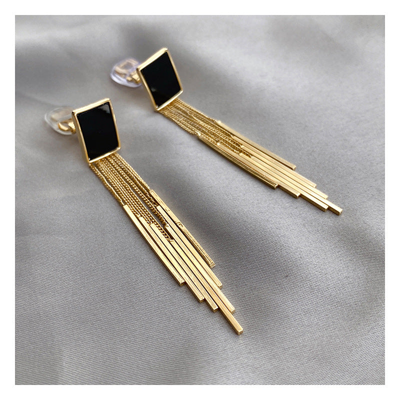Square Black Long Tassel Earrings