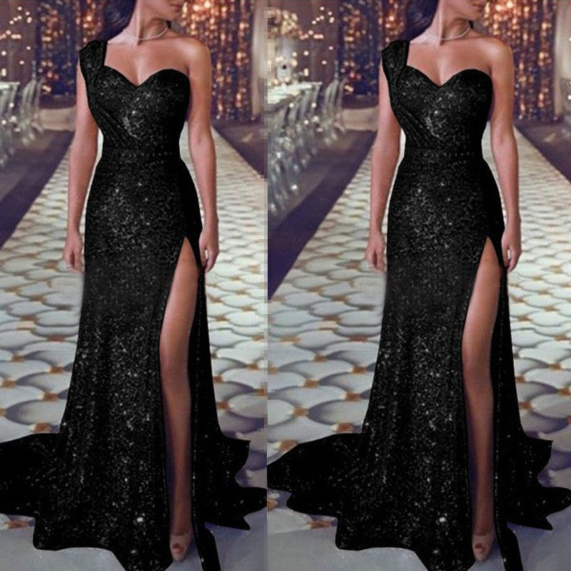 One-Shoulder Sleeveless Bronzing Dress Slit Long Skirt