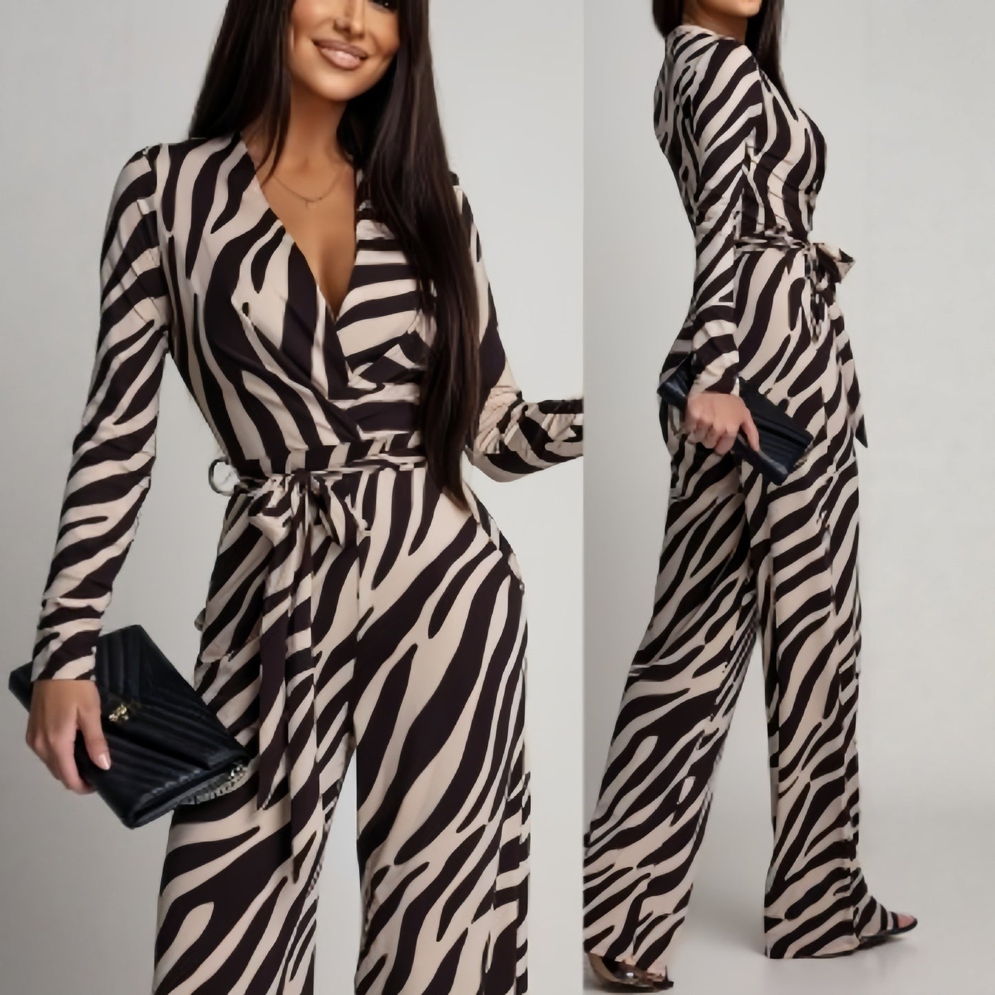 Zebra-Print V-Neck Long-Sleeve Jumpsuit