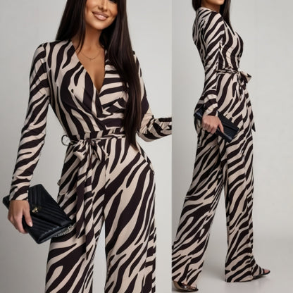 Zebra-Print V-Neck Long-Sleeve Jumpsuit