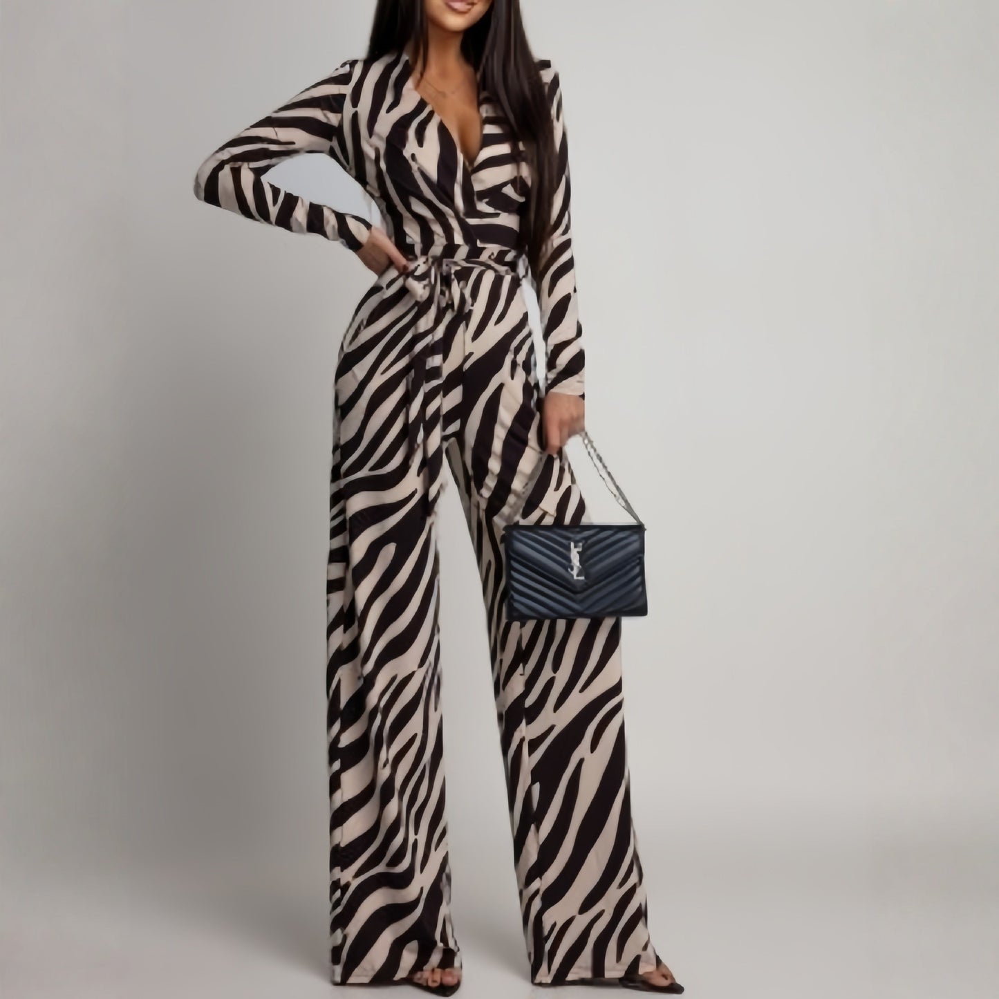 Zebra-Print V-Neck Long-Sleeve Jumpsuit