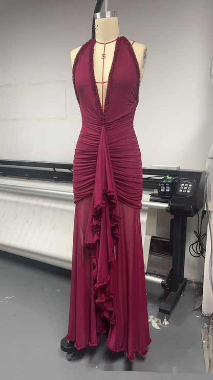 Wine Red Lace Deep V Sexy Dress