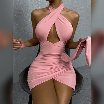 Cross Halter Pleated Dress