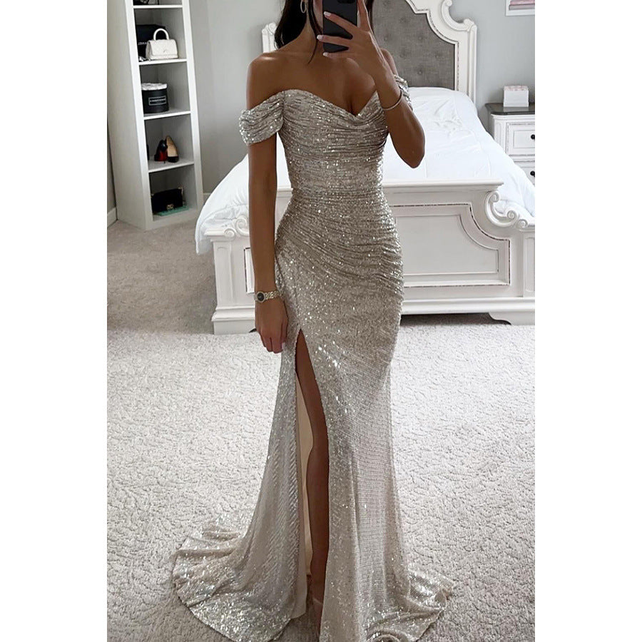 Sequin Off Shoulder Split Dress