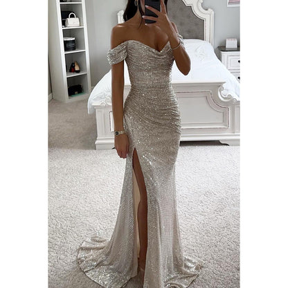 Sequin Off Shoulder Split Dress