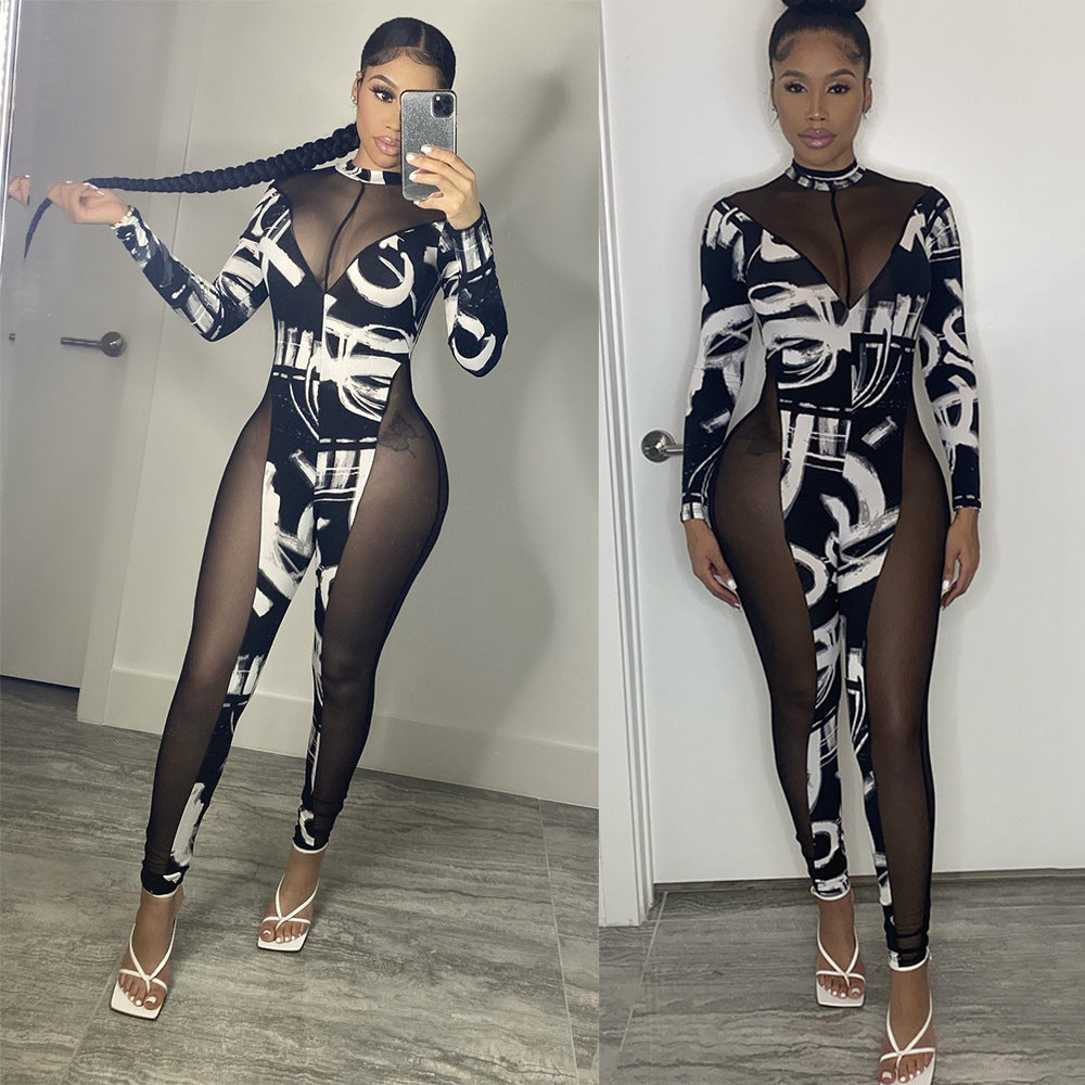 Skinny Mesh Stitching Jumpsuit