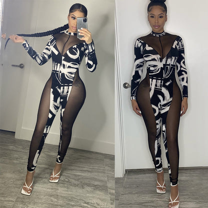 Skinny Mesh Stitching Jumpsuit