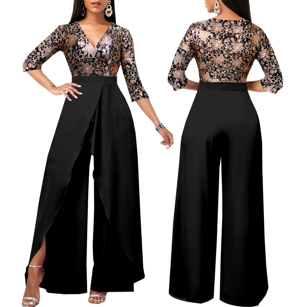 Solid Color And V-neck Women's Jumpsuit