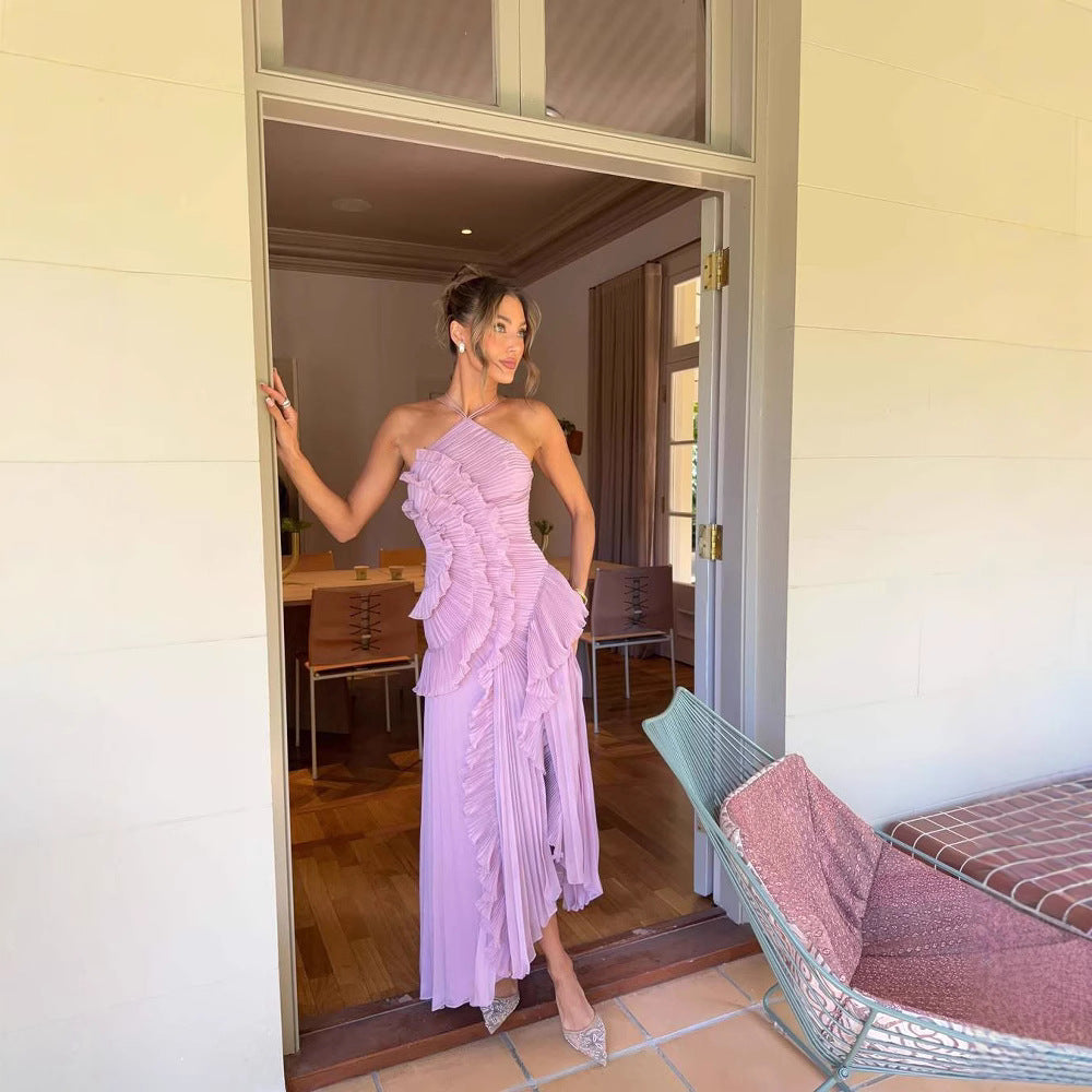 Ruffled Pleated Halterneck Dress