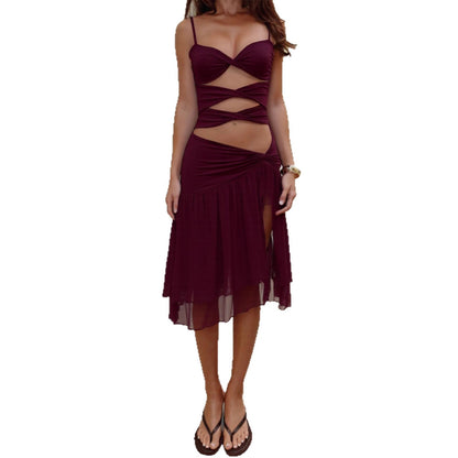 Womens Slim-fit Tube Top Hollow-out Off-shoulder Dress