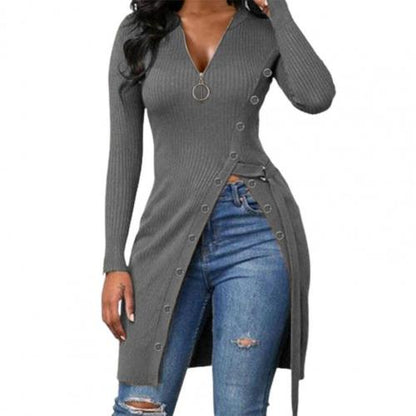 V-Neck High Split Zipper Dress