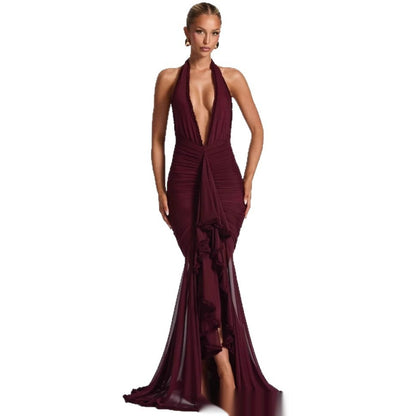 Wine Red Lace Deep V Sexy Dress