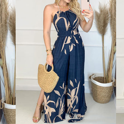 Dark Blue Printed Halter Jumpsuit