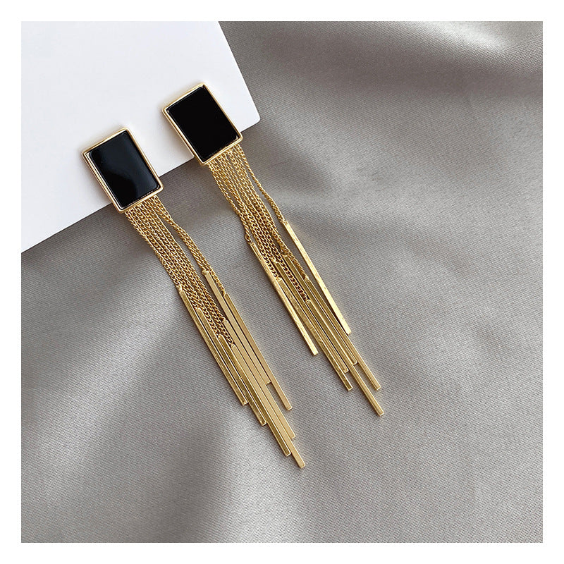Square Black Long Tassel Earrings