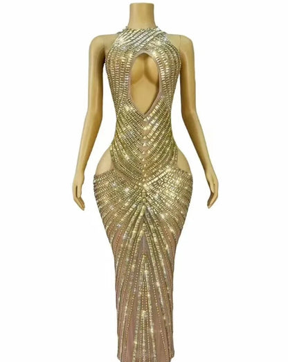 Womens Sexy Mesh Hollow-Out Nightclub Stage Dress