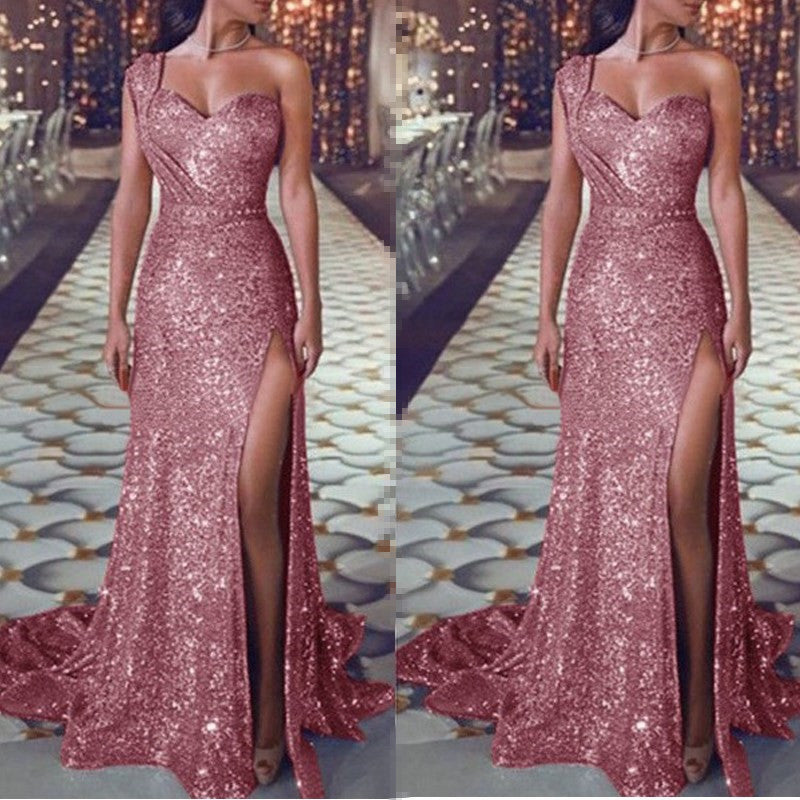 One-Shoulder Sleeveless Bronzing Dress Slit Long Skirt