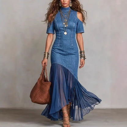 Off-Shoulder Mesh Hem Midi Dress