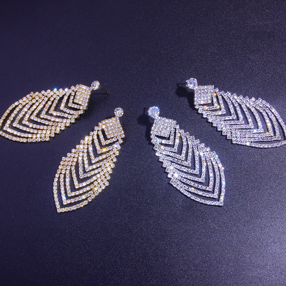 Crystal Long Diamond Leaf Earrings