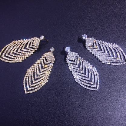 Crystal Long Diamond Leaf Earrings