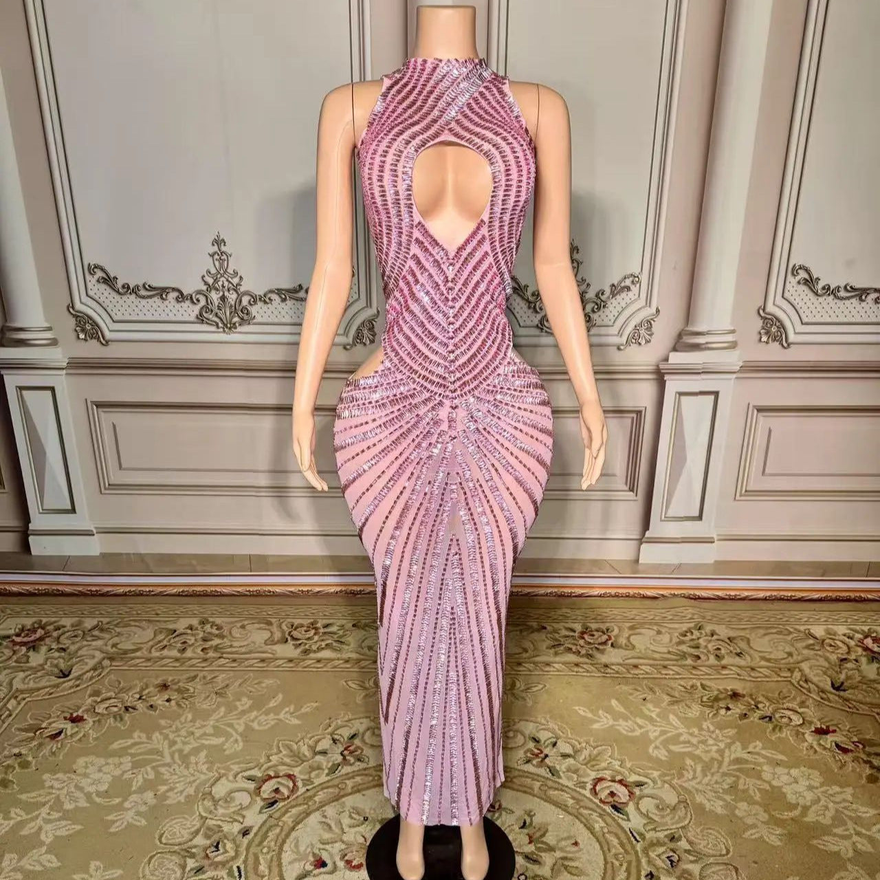 Womens Sexy Mesh Hollow-Out Nightclub Stage Dress