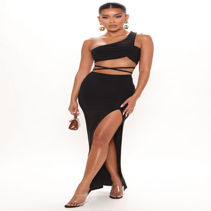 Off-Shoulder Slit Dress Suit