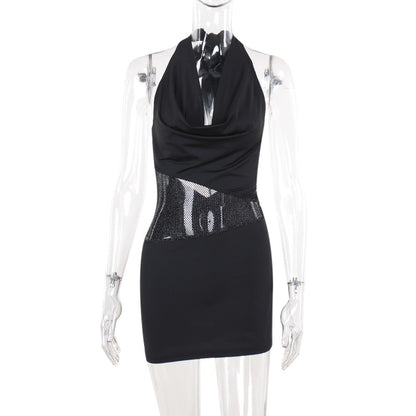 Sexy Slim Deep U-neck Dress With Sequin Mesh