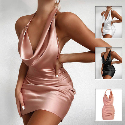 Satin Party Dress V Neck Backless  Dress