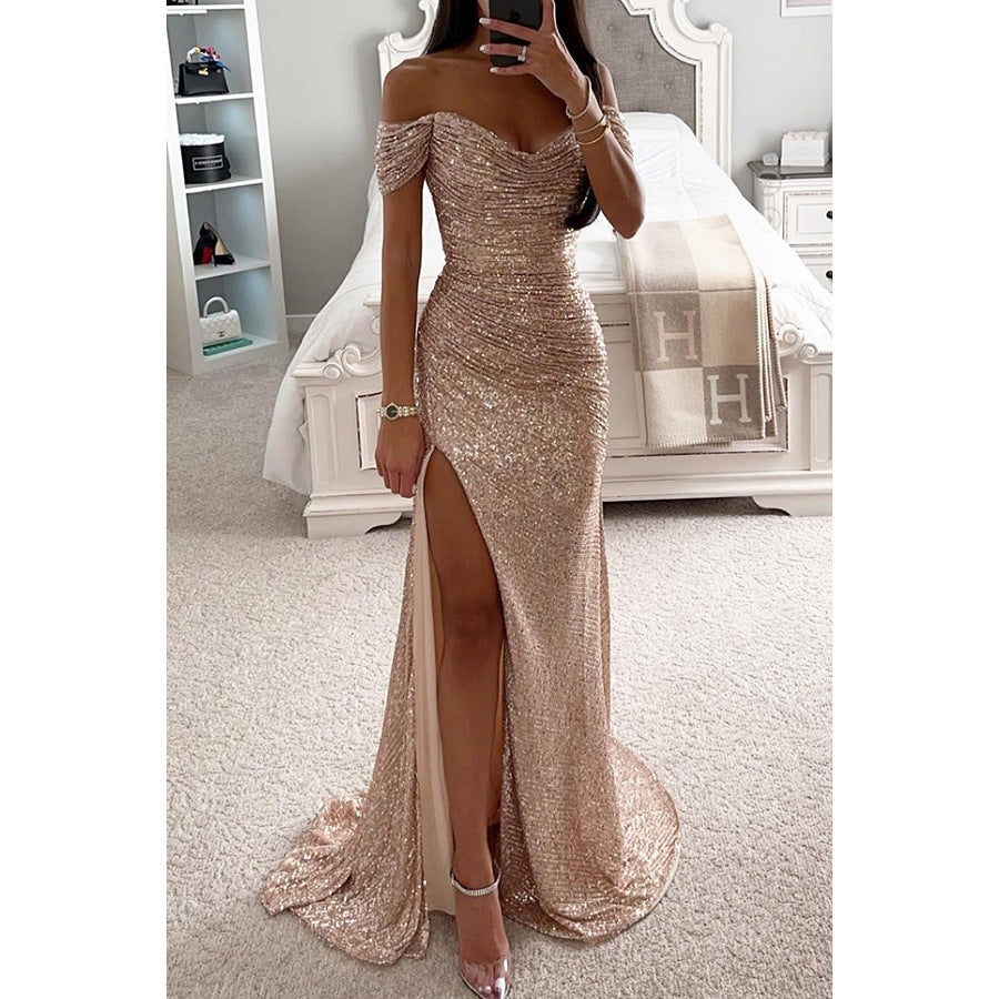 Sequin Off Shoulder Split Dress