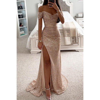 Sequin Off Shoulder Split Dress