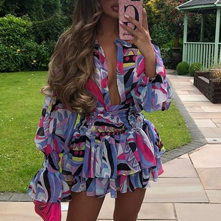 V-neck Printing Temperament Short Dresses