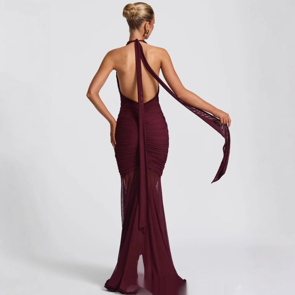Wine Red Lace Deep V Sexy Dress